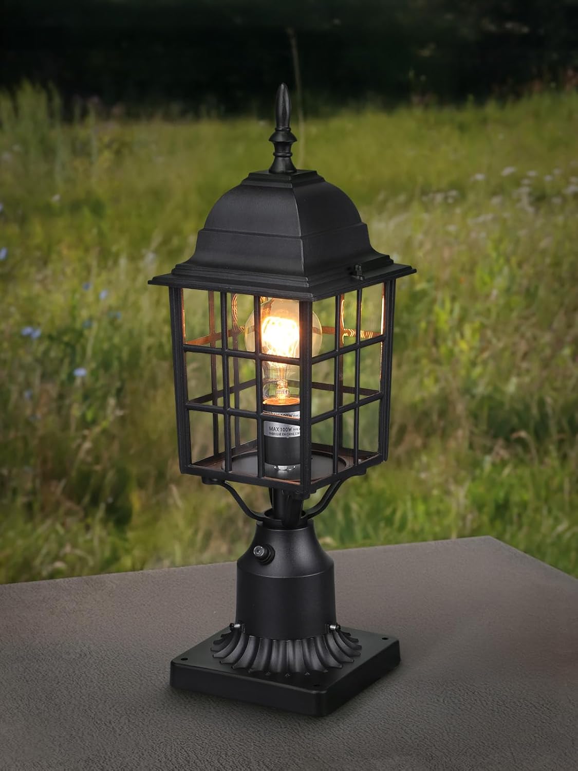Post Light - Classic Grid Design - E26 Base - Black - Pier Mount