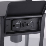 Close-up of the GFCI outlet under the hinged cover on the wall light